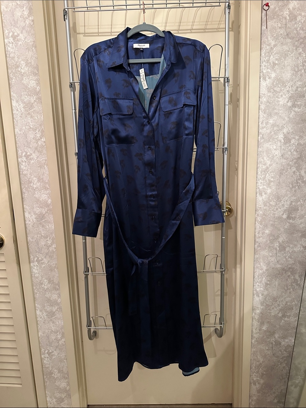 Madewell NWT Belted Midi Silk Blue and Black Dress